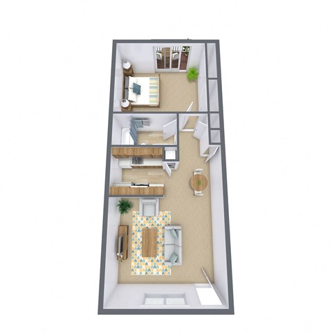 Floor plan for 1 bed, 1 bath, 665 sqft